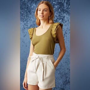 Marie Oliver Anna Top Moss Green Ruffle Sleeve Size XS